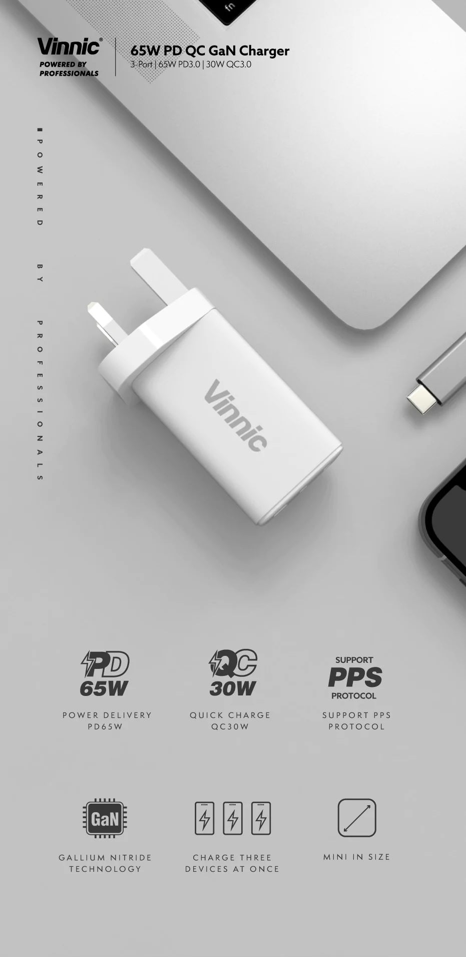 Vinnic 銀戰士電池 - 65W PD QC GaN 旅行充電器 快充 Travel Charger 3-Port | 65W PD3.0 | 22.5W QC3.0【VP-GA65WTR】