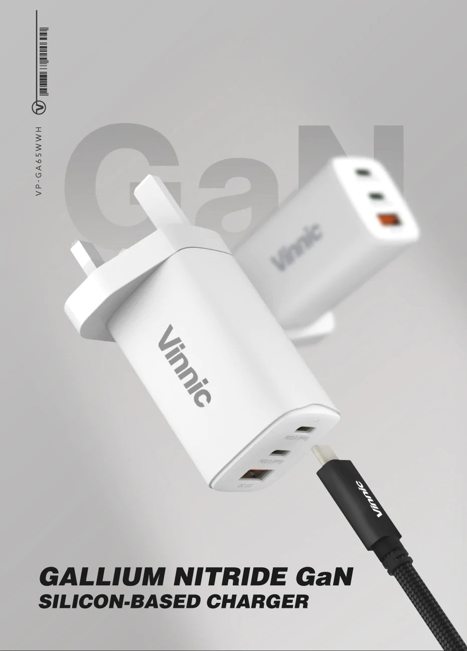 Vinnic 銀戰士電池 - 65W PD QC GaN 旅行充電器 快充 Travel Charger 3-Port | 65W PD3.0 | 22.5W QC3.0【VP-GA65WTR】