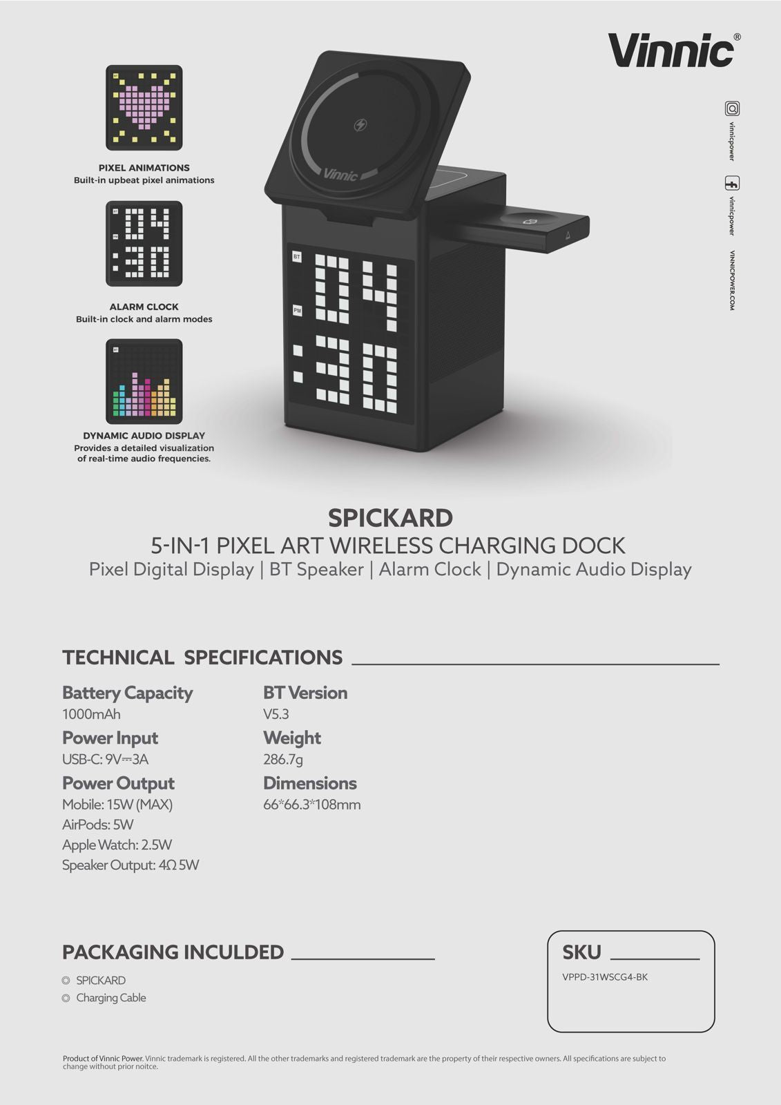 Vinnic 銀戰士電池 - SPICKARD 5合1磁吸式充電座連藍牙喇叭【VPPD-31WSCG4-BK】- 原裝行貨