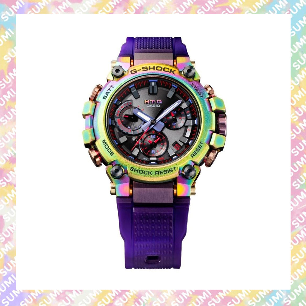 Casio - G-Shock MTG-B3000系列 MTG-B3000PRB-1A 彩虹離子鍍塗層錶殼半透明紫色錶帶太陽能指針手錶