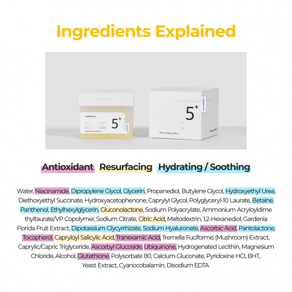 Numbuz:n - Numbuzin No.5+ 穀胱甘肽 煙酰胺維生素淡斑提亮抗氧爽膚潔膚棉(70片裝)